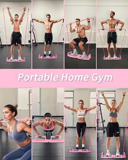 Home Gym Exercise Equipment - Portable Workout System 17 Fitness Accessories 9 in1 Push Up Board Set, Resistance Bands with Pilates Bar Strength Training Abs Shoulders