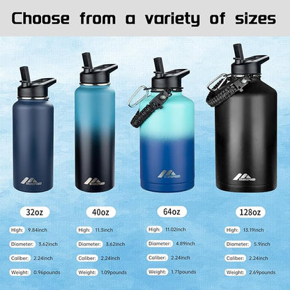 StarSpeed 64oz Insulated Water Bottle with Straws & 2 Lids, Half Gallon Stainless Steel Double Walled Vacuum Water Jug, Large Wide Mouth with Paracord Handle for Gym Camping Hiking, Green Blue