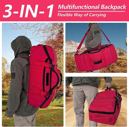 55L Large Duffle Bag, 3-in-1 Tactical Backpack MOLLE Pack for Sports, Gym, Outdoor, Red