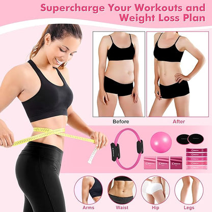Pilates Ring Set Exercise Equipment, with Exercise Resistance Bands Set, Pilates Ball, Sliding Disks. Portable Home Gym - with Fitness Guide Poster