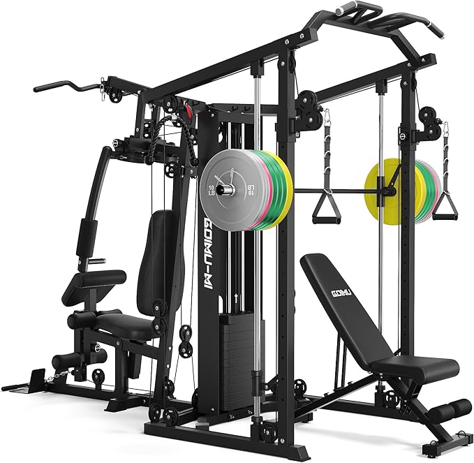 DM01 Dual-Station Smith Machine Home Gym, 140LB Weight Stack with LAT Pull-Down & Leg Press, All-in-One Workout Station for Couples & Family Strength Training