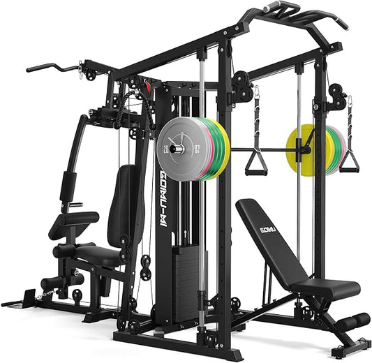 DM01 Dual-Station Smith Machine Home Gym, 140LB Weight Stack with LAT Pull-Down & Leg Press, All-in-One Workout Station for Couples & Family Strength Training