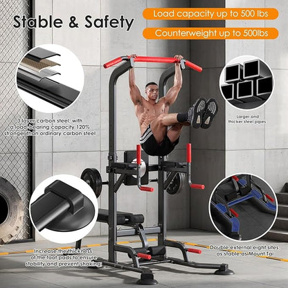 SogesHome Multi-Function Power Tower Pull Up Bar Dip Station, Home Gym Adjustable Height Fitness Workout Equipment with Foldable Dumbbell Stool, 330LB Capacity for Push-Ups, Sit-Ups, Strength Training