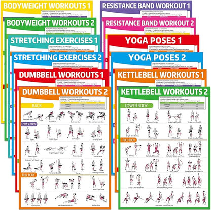 gisgfim 12PCS Workout Posters for Home Gym Dumbbells, Bodyweight, Stretching, Resistance Bands, Yoga, Kettlebells Exercise Chart Full Body Workout Poster Set Muscle Engagement Chart Garage Gym Decor