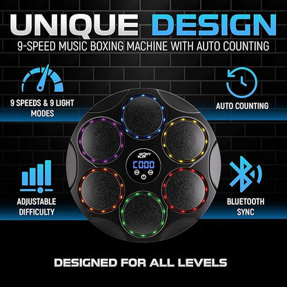 Music Boxing Beatbox Trainer by Sporty Body, 9 Speeds & 9 Light Modes, Bluetooth Sync, Auto Counting, and Durable ABS Body for Home Workouts, Supports 440lbs Punch Force, Wall Mounted Boxing Machine