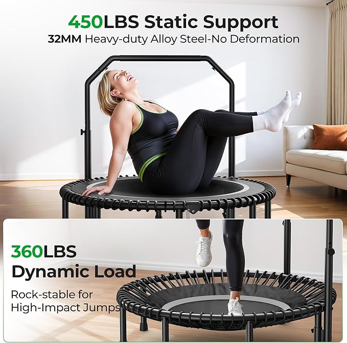BCAN BT2 450/550LBS Mini Rebounder Trampoline for Adults with Bar, Fitness Trampoline with Bungees, Adjustable Handle, Stable & Quiet, Indoor Outdoor, Whole-Body Workout & Relaxation at Home-40IN/48IN