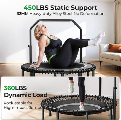 BCAN BT2 450/550LBS Mini Rebounder Trampoline for Adults with Bar, Fitness Trampoline with Bungees, Adjustable Handle, Stable & Quiet, Indoor Outdoor, Whole-Body Workout & Relaxation at Home-40IN/48IN
