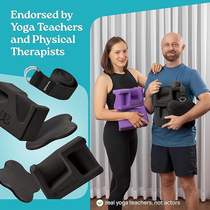 PRO Yoga Blocks | Ergonomic Yoga Block 2 Pack for Wrist Comfort and Support | EVA Foam Exercise Blocks, 2x Knee Pads & Yoga Strap | Pilates Block Set | Bricks to Eliminate Wrist Pain