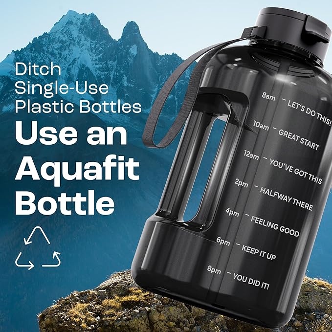AQUAFIT 128 oz Water Bottle with Time Marker - Straw & Chug Lid - BPA Free 1 Gallon Gym Water Bottle with Handle - Big Gallon Jug (Blue Skies, 128 Ounces)