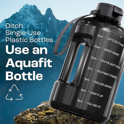 AQUAFIT 128 oz Water Bottle with Time Marker - Straw & Chug Lid - BPA Free 1 Gallon Gym Water Bottle with Handle - Big Gallon Jug (Blue, 128 Ounces)