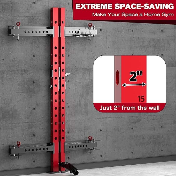 MU 2" x 2" Folding Squat Rack, 1100LBS Wall Mounted Power Rack with Adjustable Pull Up Bar, J Hooks, Landmine, Foldable Squat Rack for Home Gym, Garage, Training Studios (Black and Red)