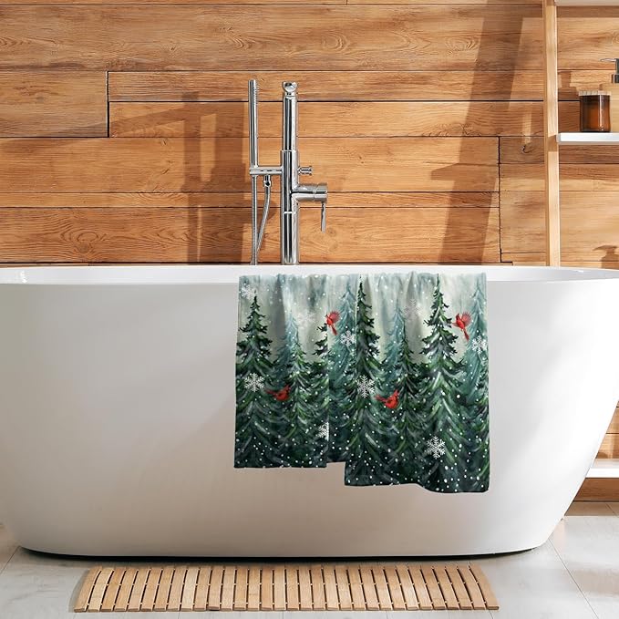 Winter Watercolor Tree Hand Towels for Bathroom 2 Packs Christmas Dark Green Pine Trees Kitchen Towels Misty Forest Cardinal Holiday Super Soft Fast Drying Washcloths for Home Hotel Gym