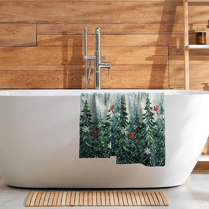 Winter Watercolor Tree Hand Towels for Bathroom 2 Packs Christmas Dark Green Pine Trees Kitchen Towels Misty Forest Cardinal Holiday Super Soft Fast Drying Washcloths for Home Hotel Gym