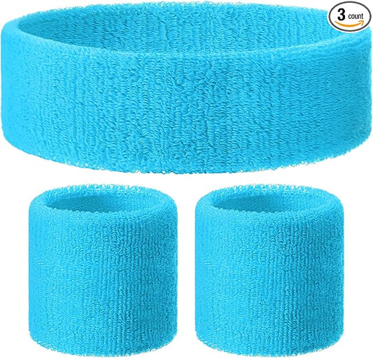 3 Pack Neon Sweatbands Set 80s Wristband and Headband Color War Accessories Sports Sweatbands for Summer Ball Party