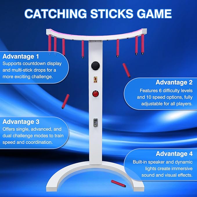 CAMINI Reflex Stick Challenge Game, Adjustable Speed Hand-Eye Coordination Trainer Arcade Machine for Events, Rentals, and Family Game Nights, LED Light & Music Reaction (White)