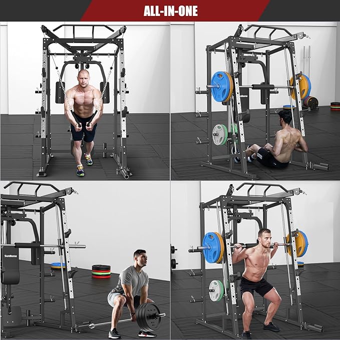 SunHome Smith Machine, Power Cage Squat Rack with Smith Bar, LAT Pull-Down Systems, Cable Crossover Machine and Cable Attachment for Home Gym