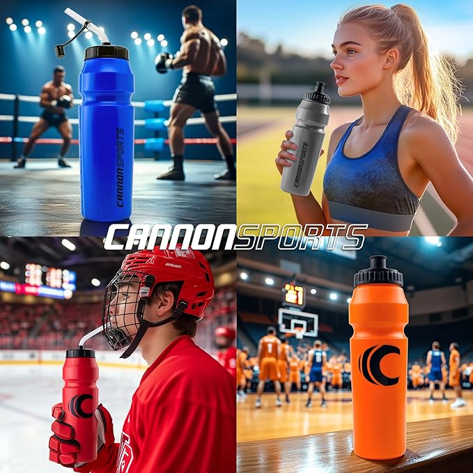 Cannon Sports 1 Liter Sports Water Bottle, BPA-Free, 34 Oz Capacity, Large Mouth, 2 lids (Straw and Squeeze), Great For Helmet Sports Such As Hockey, Lacrosse, Football, Boxing (6 Pack) (Green)