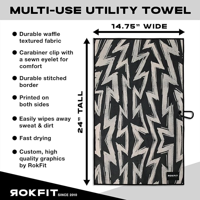 RokFit Gym & Golf Towel – Multi-Use, Quick-Dry, Durable Utility Towel with Bold Graphic and Carabiner Clip (Volt Pattern)