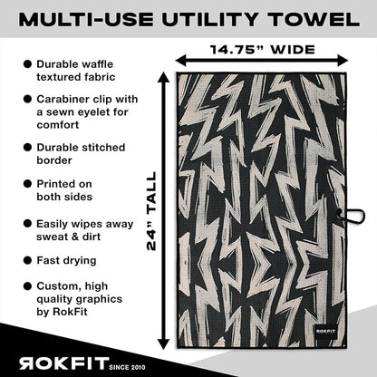 RokFit Gym & Golf Towel – Multi-Use, Quick-Dry, Durable Utility Towel with Bold Graphic and Carabiner Clip (Volt Pattern)