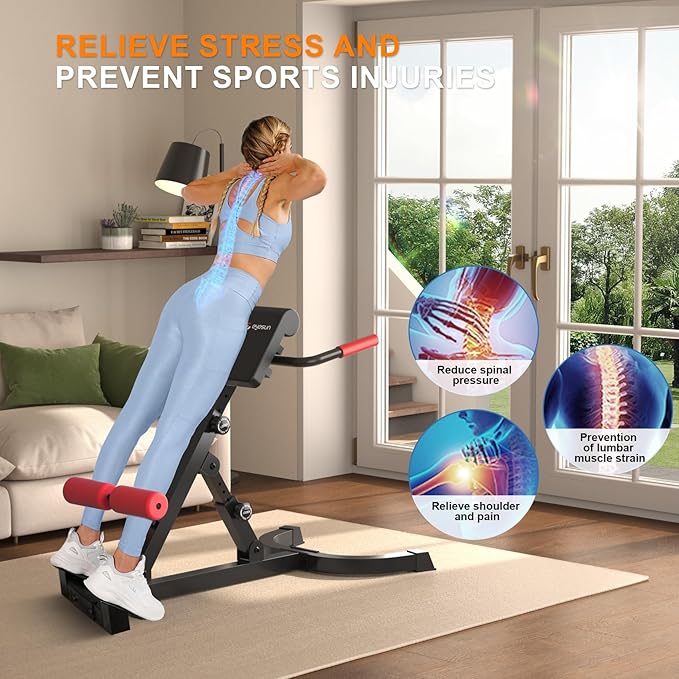 Roman Chair,Foldable Back Extension Machine,Adjustable Ab Back Extension Machine,Core Strength Trainer,Back Exercise Machine for Glute,Ab Workouts,Full All-in-One Body Workout&Home Gym Fitness(Red)