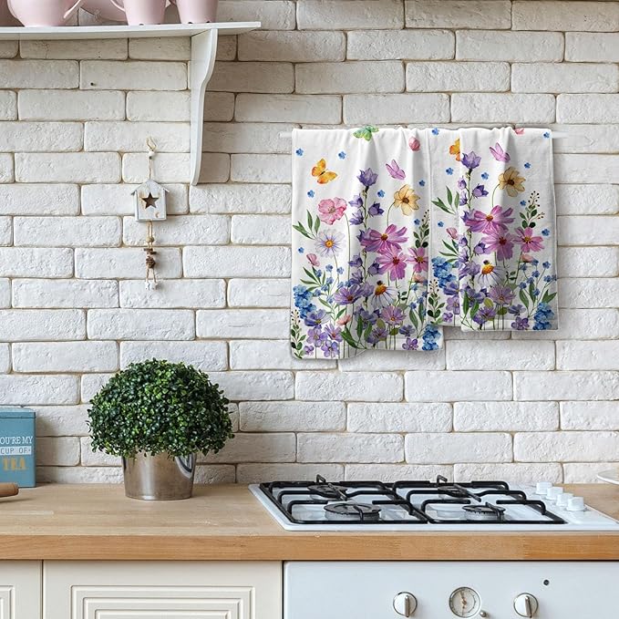 Spring Wildflower Kitchen Towels 14"x28" Set of 2 Watercolor Floral Hand Bath Towel Spring Summer Seasonal Soft Absorbent Fingertip Towel for Bathroom Shower Hotel Gym