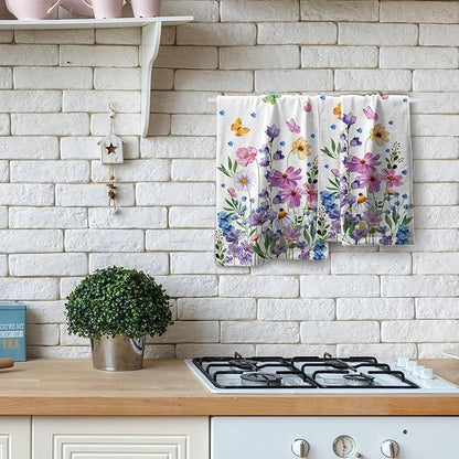 Spring Wildflower Kitchen Towels 14"x28" Set of 2 Watercolor Floral Hand Bath Towel Spring Summer Seasonal Soft Absorbent Fingertip Towel for Bathroom Shower Hotel Gym