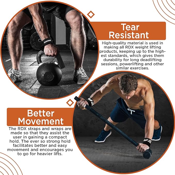 RDX Weight Lifting Wrist Wraps with Gym Straps, Elasticated 18” Cotton Wrap, 60CM Anti Slip Workout Strap Support, Bodybuilding Deadlifting Powerlifting Fitness Gymnastics Strength Training, Men Women