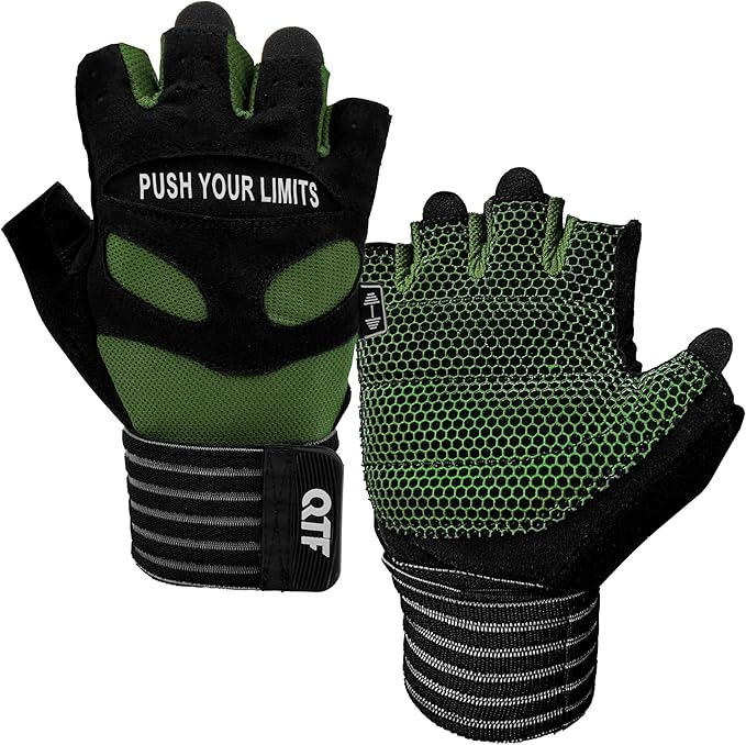 QTF Weight Lifting Gym Workout Gloves with Long Wrist Strap, Fingerless Gym Gloves for Men & Women, Full Palm Protection, for Weightlifting, Training, Fitness, Hanging
