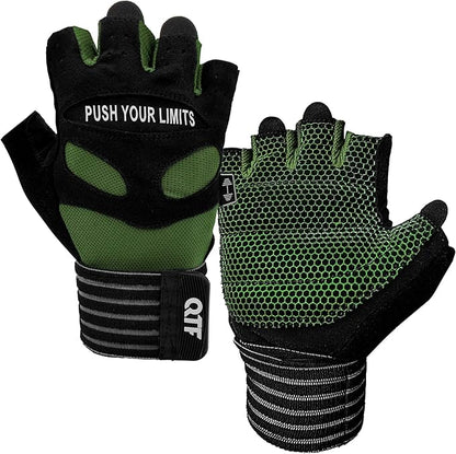 QTF Weight Lifting Gym Workout Gloves with Long Wrist Strap, Fingerless Gym Gloves for Men & Women, Full Palm Protection, for Weightlifting, Training, Fitness, Hanging