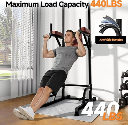 Power Tower Pull Up Station for Home Gym, Dip Station with Splayed H-Shaped Base, 440LBS Capacity, Adjustable Height Workout Station for Pull-ups, Dips & Leg Raises