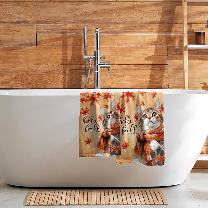 Hello Fall Hand Towel Autumn Cat Maple Leaves Kitchen Towels Set of 2 Soft Absorbent Face Towels Cute Animal Orange Leaves Small Bath Towel for Home Bathroom Hotel Spa Gym 14.4"x 28.3"
