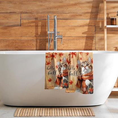 Hello Fall Hand Towel Autumn Cat Maple Leaves Kitchen Towels Set of 2 Soft Absorbent Face Towels Cute Animal Orange Leaves Small Bath Towel for Home Bathroom Hotel Spa Gym 14.4"x 28.3"
