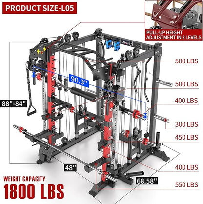 Multi-Purpose Squat Rack,Smith Machine Weight Rack Set with Cable Crossover System, Home Gym Power Racks, Power Racks and Packages