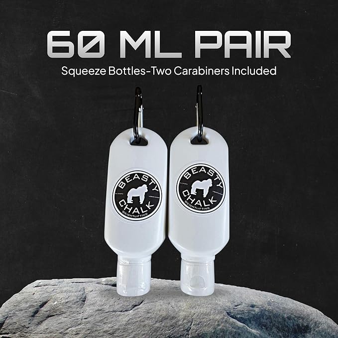 Beasty Chalk Liquid Chalk Combo Pack – 2-Pack (60ml Each) Grip Enhancer with Carabiners for Weightlifting, Climbing, Gymnastics & More – Long-Lasting, No-Mess, Fast-Drying Formula