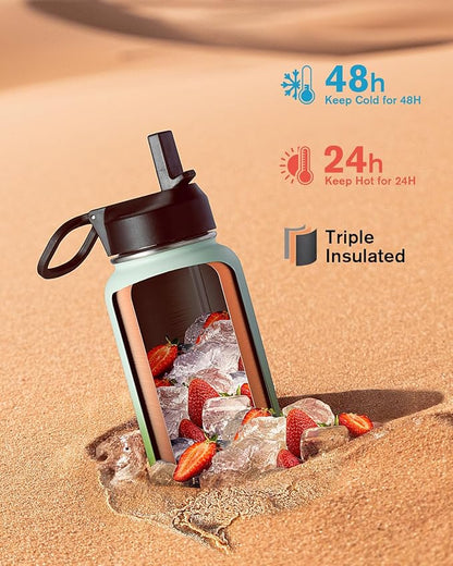 Water Bottle 32 oz Insulated with Straw, Coolflask Stainless Steel Metal 3 Lids Water Flask Wide Mouth for Sports or Office, Non-BPA Keep Cold Up to 48 Hrs or Hot Up to 24 Hrs, Ombre Green
