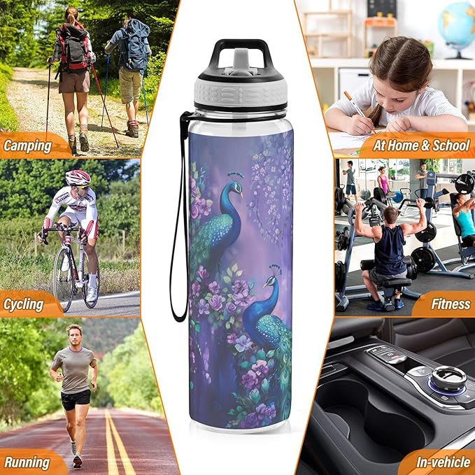 Fustylead Two Peacocks on Purple Flower 32oz Sports Water Bottle with Removable Straw, Reusable Clear Water Bottles, Leak Proof, BPA-Free