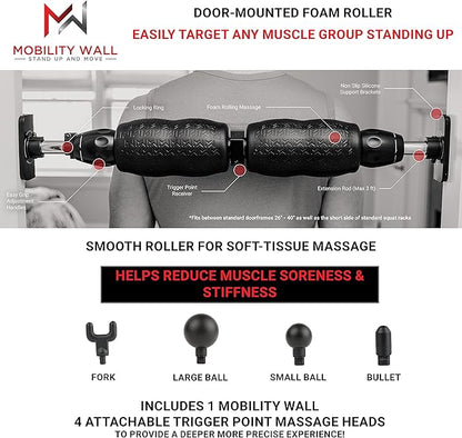 Mobility Wall- Stand Up Door Mounted Smooth Foam Roller for Soft Tissue Massage & Muscle Recovery for Exercise, Includes 4 Trigger Point Attachments