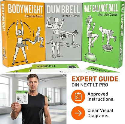 Workout Cards Bodyweight & Dumbbell & Half-Balance Ball - 150 Large 5"x3.5" Exercise Cards with 36 Strength Moves, Home & Gym Fitness Cards for Men & Women, Beginner Fitness Guide