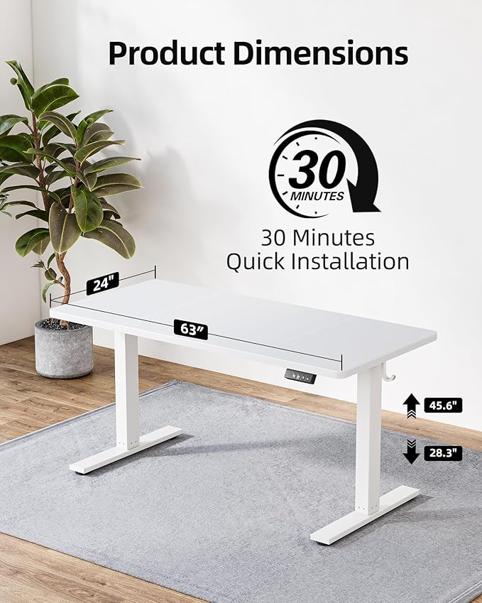 TIQLAB Standing Desk 63 x 24 inch, Electric Height Adjustable with Splice Board, Sit Stand Desk, for Home Office, White