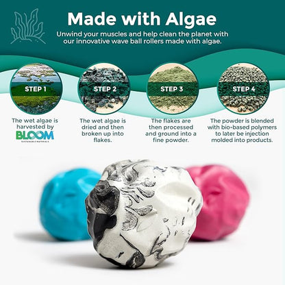 Oceanfoam Wave Massage Ball Roller – Textured Lacrosse Ball, Plantar Fasciitis Relief, Muscle Knot Therapy, Myofascial Release, Feet Pain – Travel Size (Black Marbled, Miami Blue, Hot Pink) Pack of 3