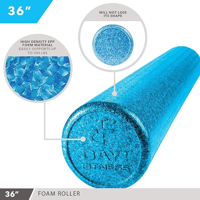 Day 1 Fitness High Density Muscle Foam Rollers - Sports Massage Rollers for Stretching, Physical Therapy, Deep Tissue, Myofascial Release - Ideal for Exercise and Pain Relief – Solid Blue, 36”