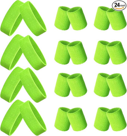 24 Pieces 80s Neon Sweatbands Set, Include 8 Sports Headbands and 16 Sweat Wristbands Elastic Athletic Tennis Sweat Bands Bulk for Man Woman