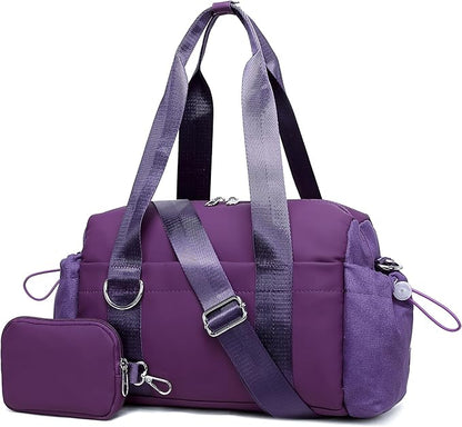 Everyday Mini Gym Bag for Women 2.0, Small Tote with Zipper Compartment Waterproof Travel Duffle Cute Handbag Workout Carry On with Removeable Shoulder Strap & Coin Wallet Easy to Clean - Grape