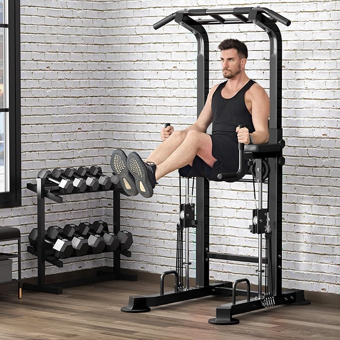 DlandHome Power Tower, Height Adjustable Pull Up Bar Dip Station with Assisted Pad, Multi-Function Home Gym Strength Training Fitness Equipment 330LBS, Black