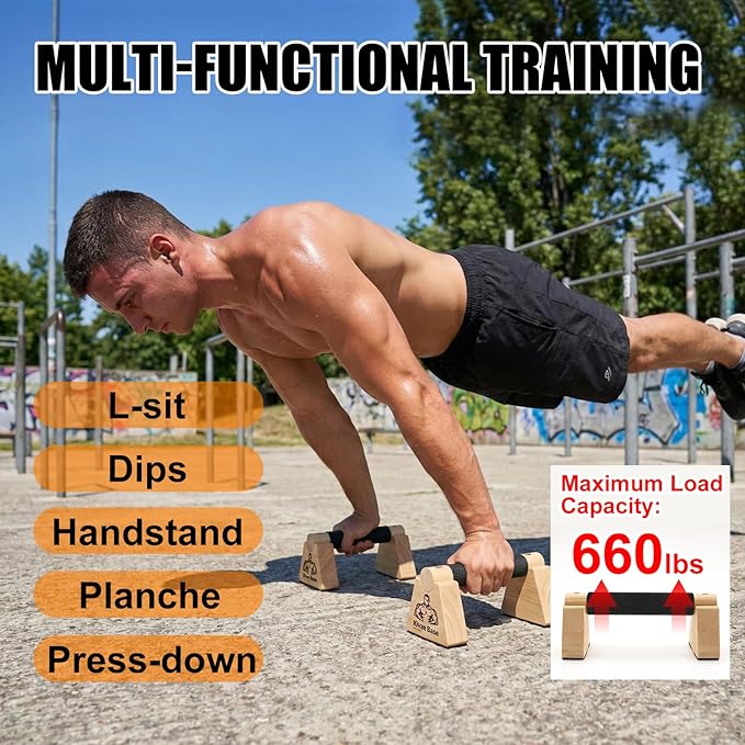 Wooden Push Up Bars, Parallettes Bars - Wooden Calisthenics Equipment for Handstand Training Push Up Bars & Calisthenics Bar Calisthenics Equipment for outdoor&home
