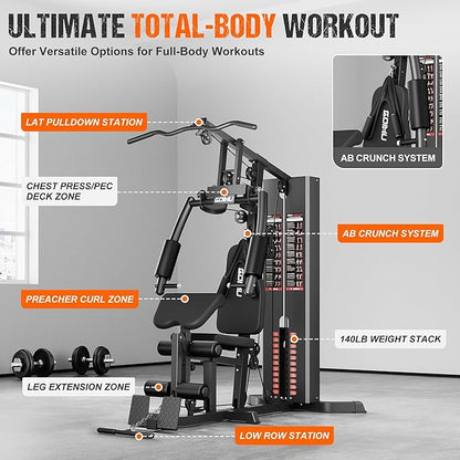 Home Gym, M1 Workout Station with 140LBS Weight Stack, Multifunctional Home Gym Equipment with Pulley System for Full Body Strength Training