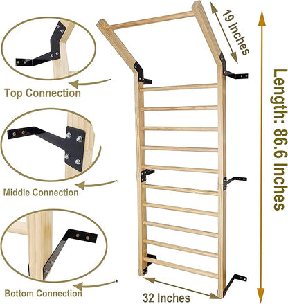 Swedish Ladder,Gymnastics Stall Bar, Wall Mounted Pull Up Bar- Solid Wood With11 Strategic Rods-86.6 Inches Height, 32 Inches Width, Indoor Gym Workout Yoga