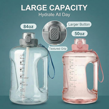 50oz & 84oz Motivational Water Bottle - Time-Marked, Leak Proof & BPA free. 2-in-1 Lid with Straw, Food-Grade Tritan. Half Gallon Sized, Ideal for Gym, Fitness & Outdoor Activities (84oz, U-Grey)
