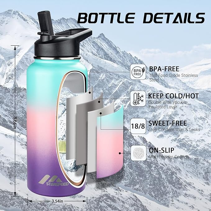 StarSpeed 32oz Insulated Water Bottle with Straw Lid, Stainless Steel Double Walled Vacuum Water Flask, Wide Mouth Sports Water Bottle for Gym Camping Hiking, Hydrangea