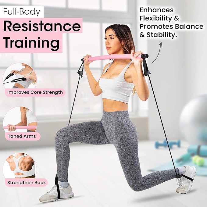 Stretched Fusion Pilates Bar Kit with Resistance Band for Home Workouts | Multifunctional Home Pilates Kit Set for Women & Men | Workout Bar for Legs, Hip, Waist and Arm, Includes 3 Bonuses